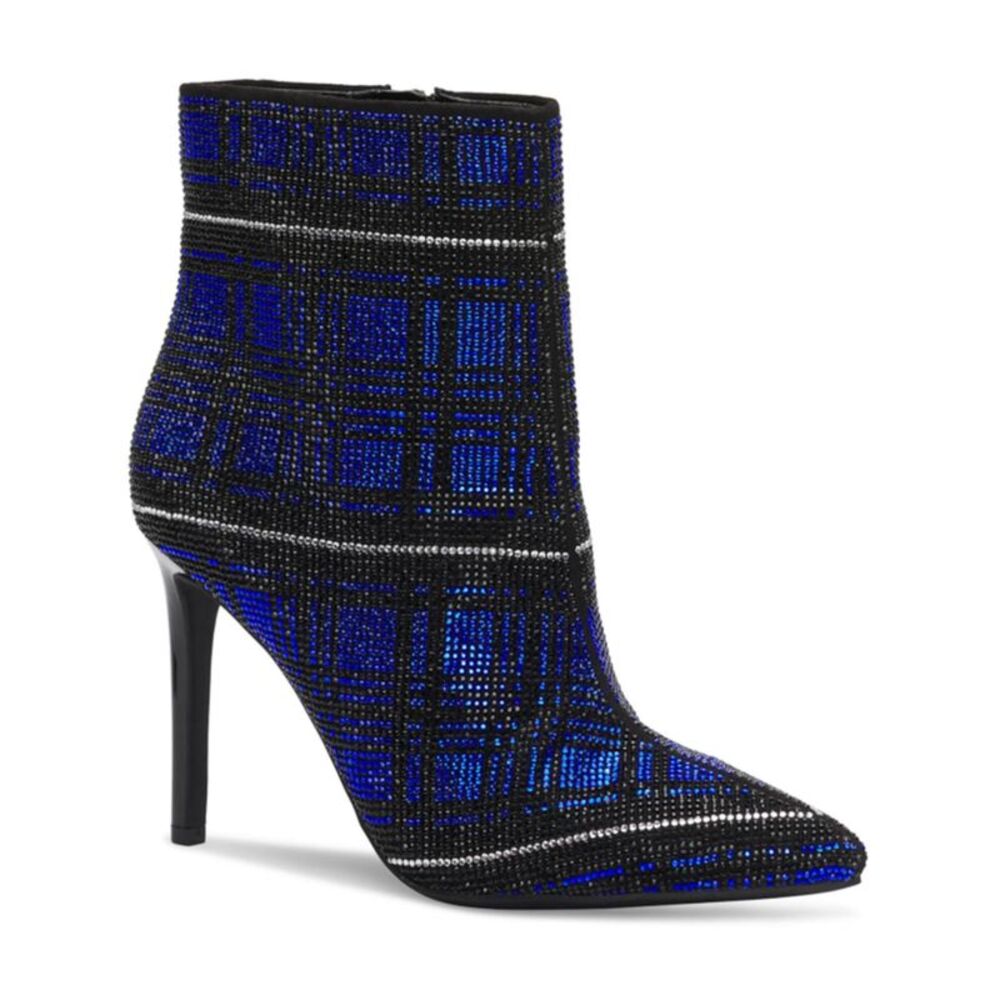 INC Womens Navy Plaid Rhinestone Reisa Pointed Toe Stiletto Zip-Up Booties 11 M